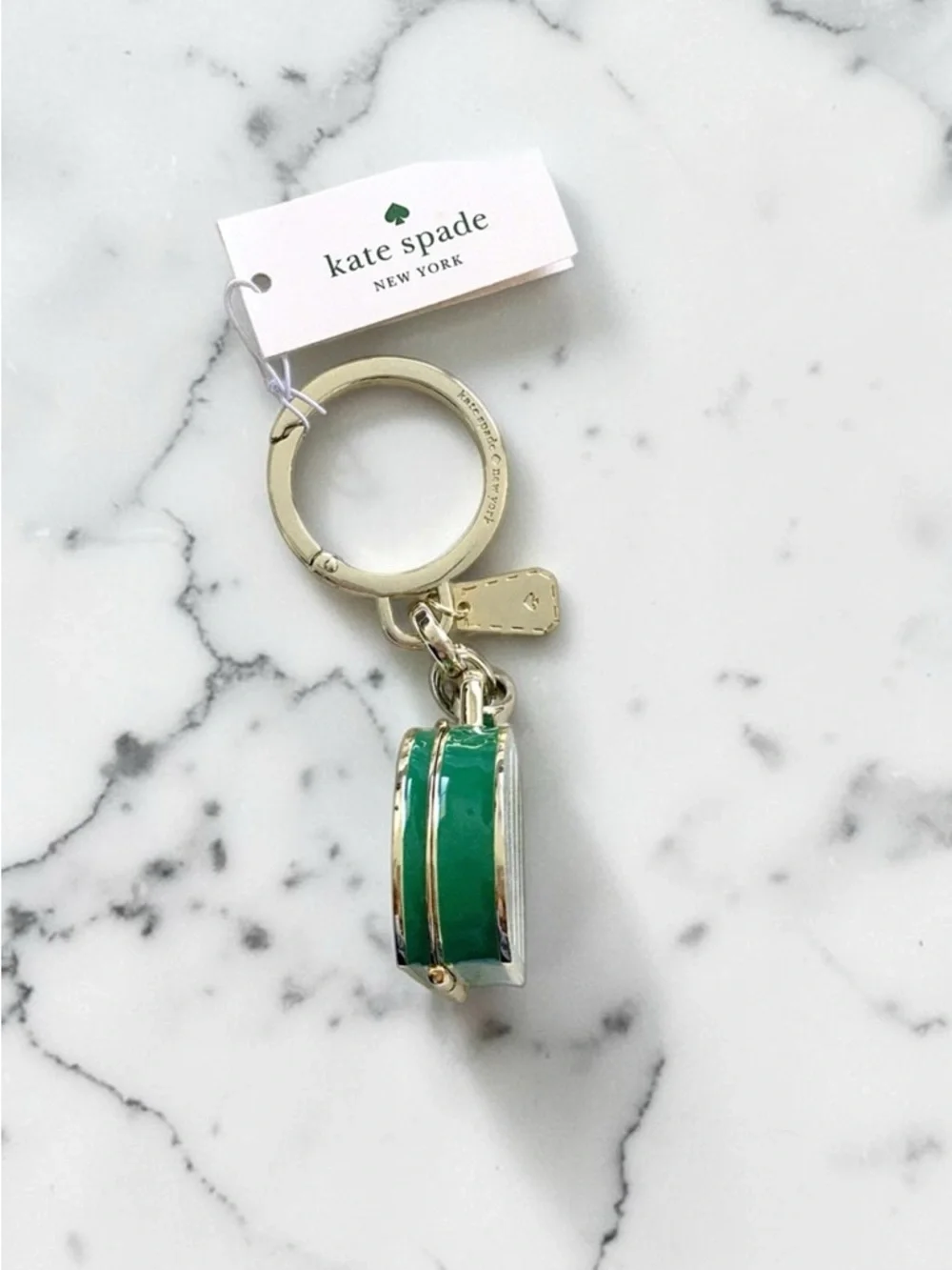 Kate Spade Traveler Even Green and White Stripe Metal Trunk Key Fob Bag Charm